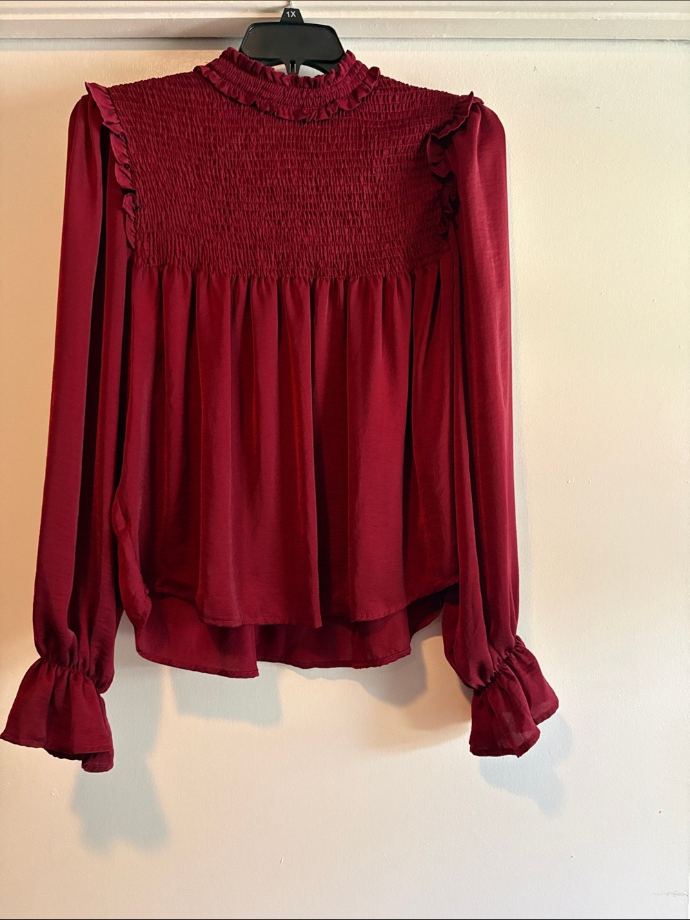 glam Burgundy Smocked Ruffle Long-Sleeve Blouse